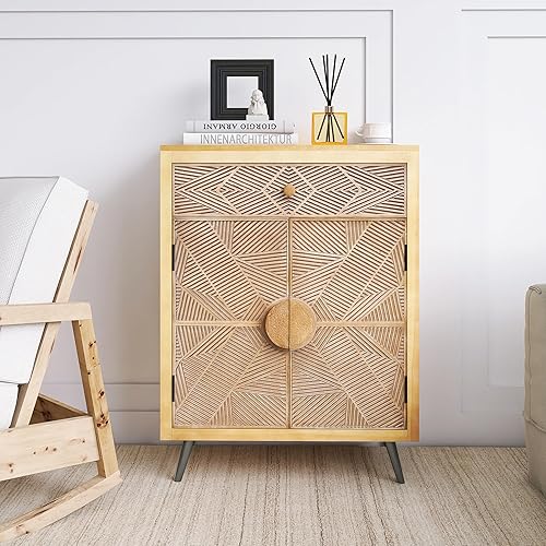 26in Accent Cabinet Rattan Storage Cabinet with Doors & Drawers,Buffet Cabinet with Storage for Bedside,Living Room,Foyer,Kitchen,Natural