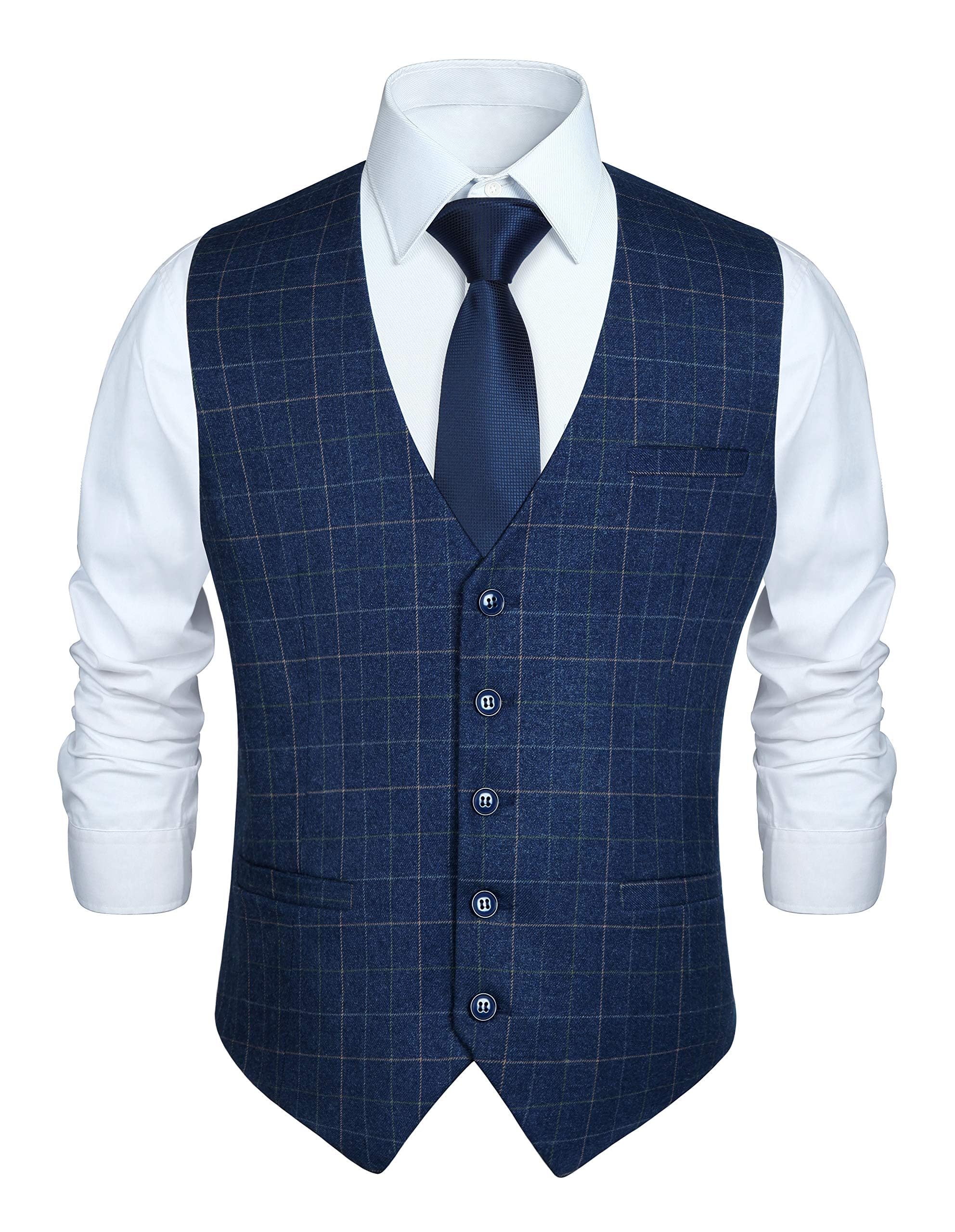 HISDERN Chaleco Formal de Fiesta de Boda para Hombre Chaleco de Algodon Vestido a Cuadros