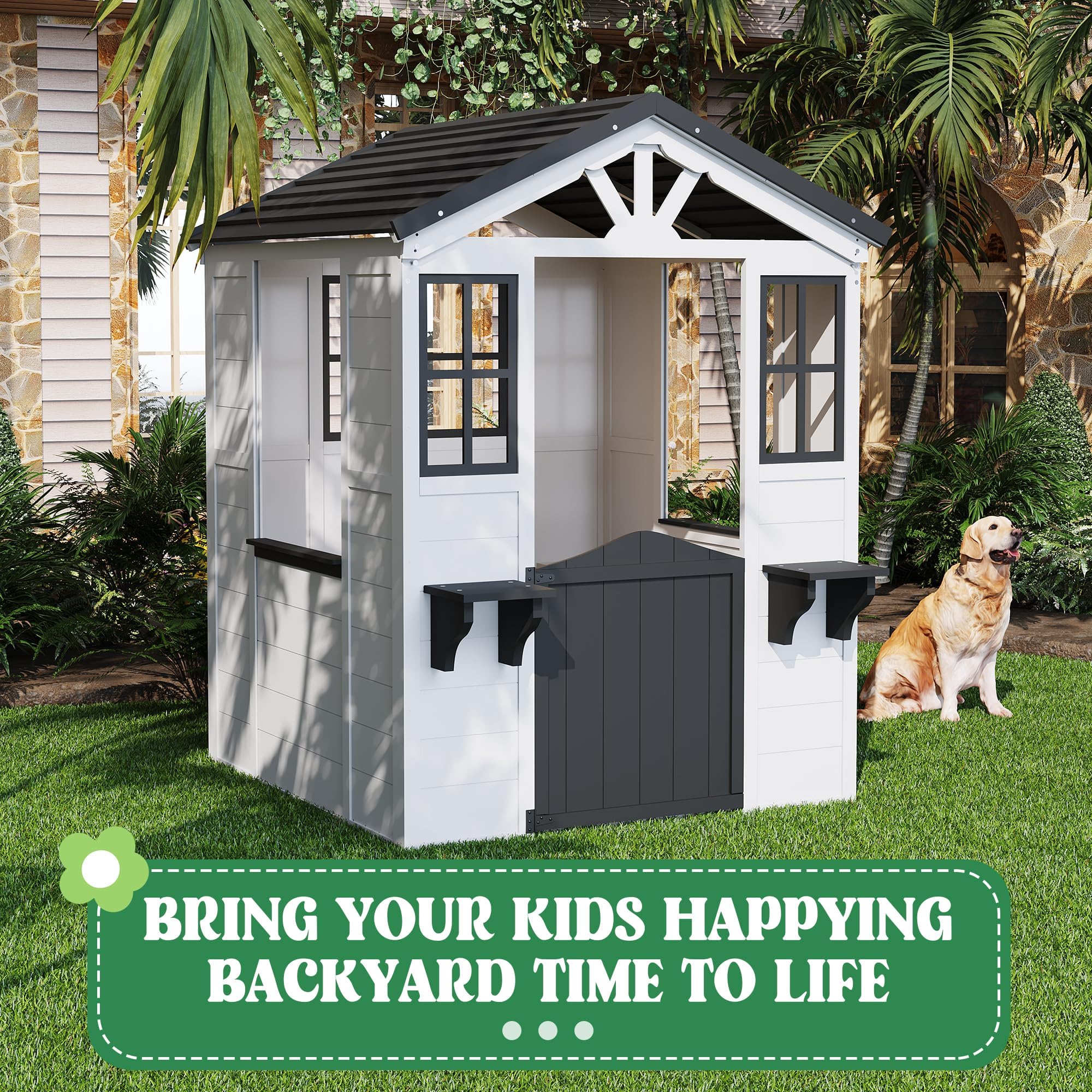 IDEALHOUSE Zedernholz Kinderspielhaus Outdoor - Landhaus-Cottage mit Veranda & Spielküche, Holländertür, Blumentopfhalter, wetterfestes Vinyl-Dach, einfache Montage - Weiß