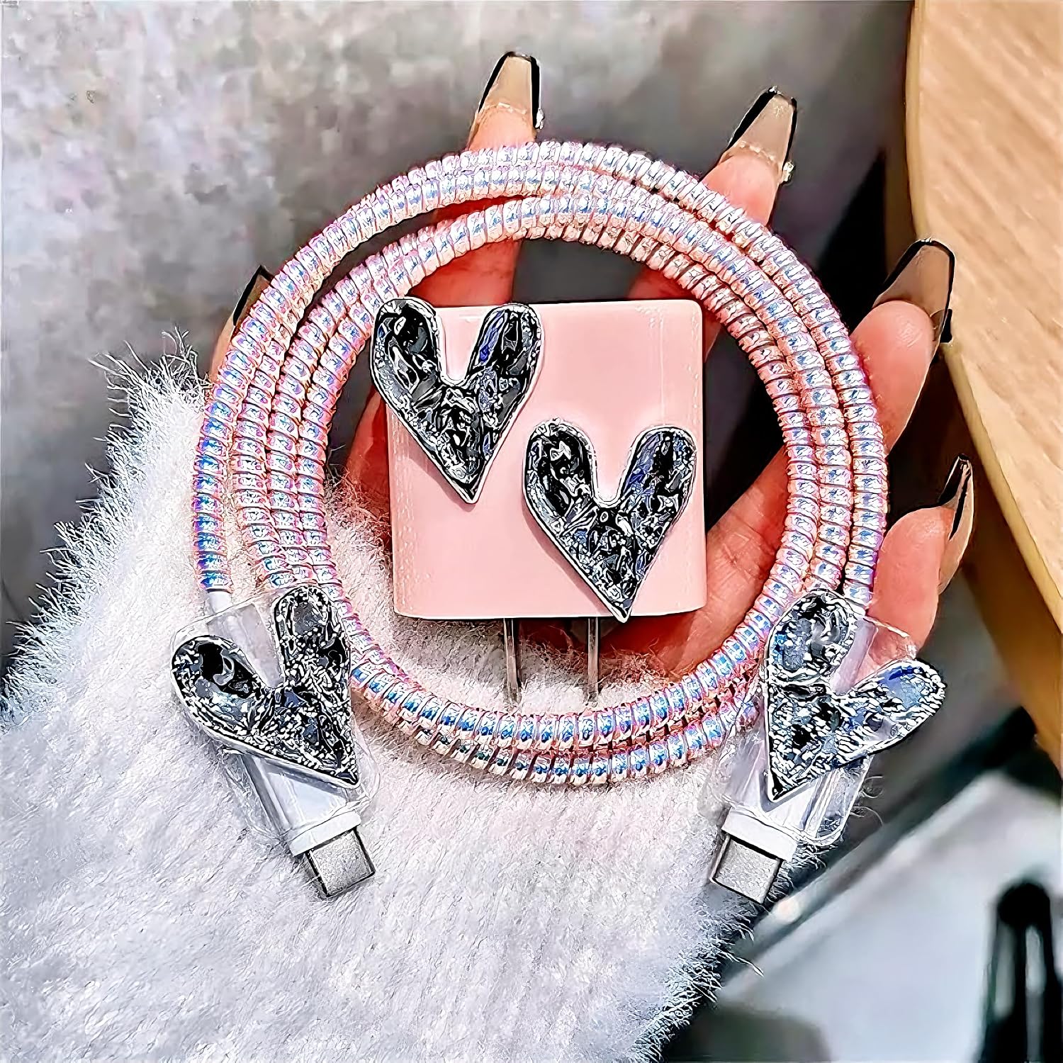 Cute Charger Cover Compatible with iPhone 18W/20W,Glitter Love Heart Design for Women Girl,DIY Soft iPhone Charger Cord Protector,Data Line Cable Saver for iPhone 15 16 17 Pro Max Charger Adapter