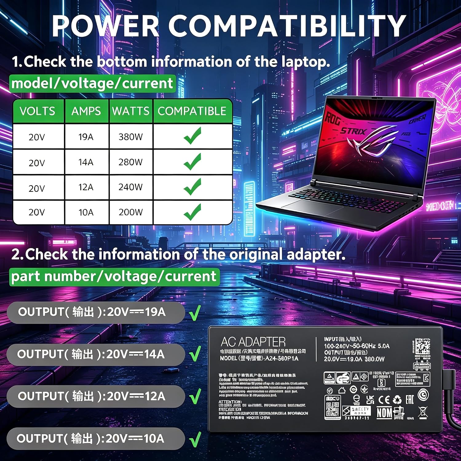 380W 280W GaN Slim Laptop Charger Compatible with Asus ROG Strix G18 G815 G815LW G815LW-S9091W AC Adapter; ROG Strix Scar 16 18 G635 G635LW G835 G835LW G835LX ADP-380AB B A24-380P1A Power Supply Cord
