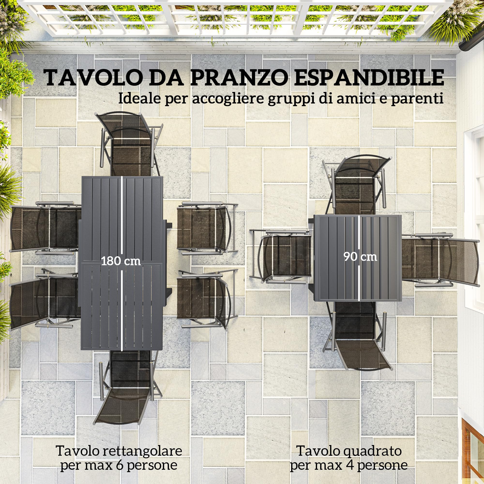 Outsunny Set Tavolo da Giardino con Sedie da 7 Pezzi 90/180cm Grigio e Nero | Set da Pranzo, Tavolo Allungabile, 6 Sedie da Esterno Pieghevoli con Braccioli, Mobili, Acciaio e Textilene