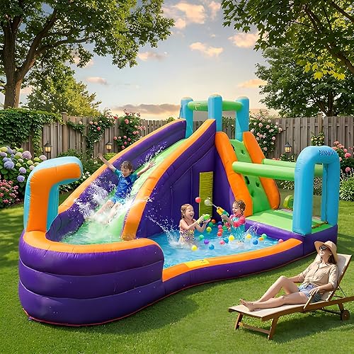 AirMyFun Inflatable Waterslide, Water Bounce House for Wet and Dry, Kids Bouncy House Water Park with Air Blower, Water Spray, Splash Pool, A83021