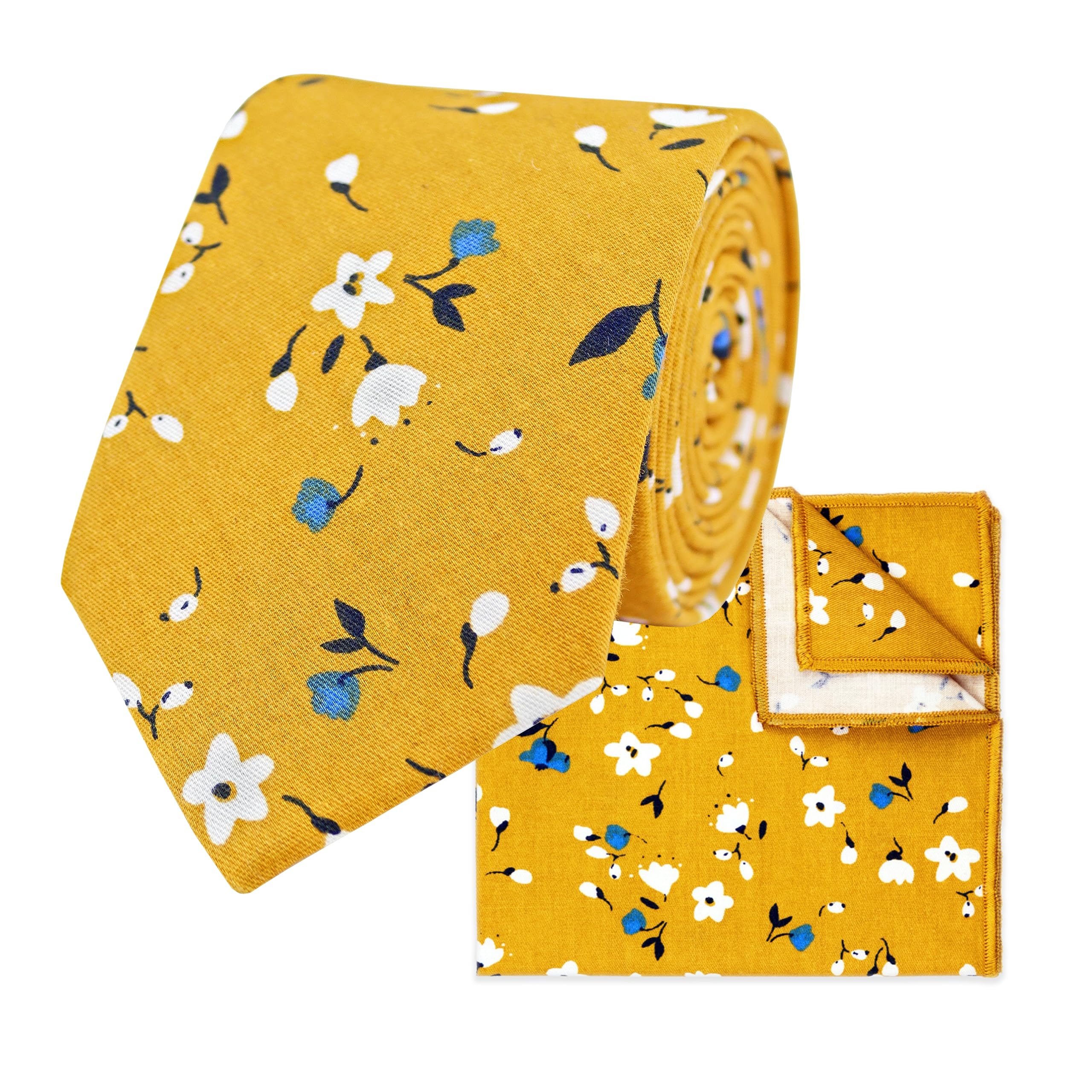 The Gents Lab Men's Mustard Yellow 100% Cotton Diamond End Floral Print Neck Tie & Pocket Square Set (Mustard Yellow)
