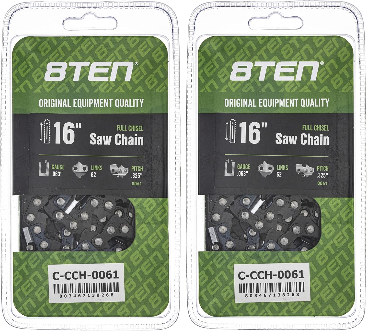 8TEN Full Chisel Chainsaw Chain 16 Inch .063 .325 62DL for Stihl 025 MS 230 241 250 251 (2 Pack)