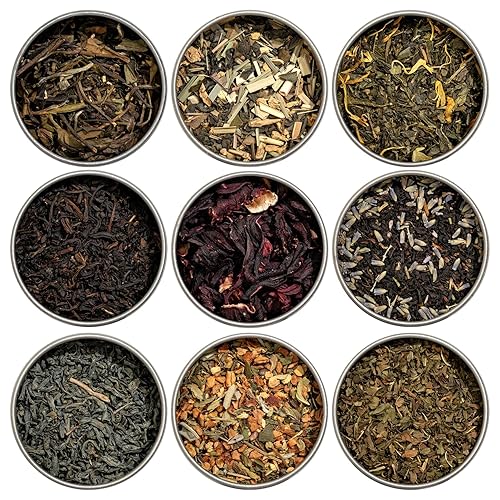Heavenly Tea Leaves Organic Assorted 9 Loose Leaf Tea Gift Box (Approx. 90 Cups of Tea), Sampler Set of 9 Teas & Herbal Tisanes - Great Hot or Iced, High to No Caffeine, Mother's Day Gifts for Mom - Assorted 9 Loose Leaf Gift Box