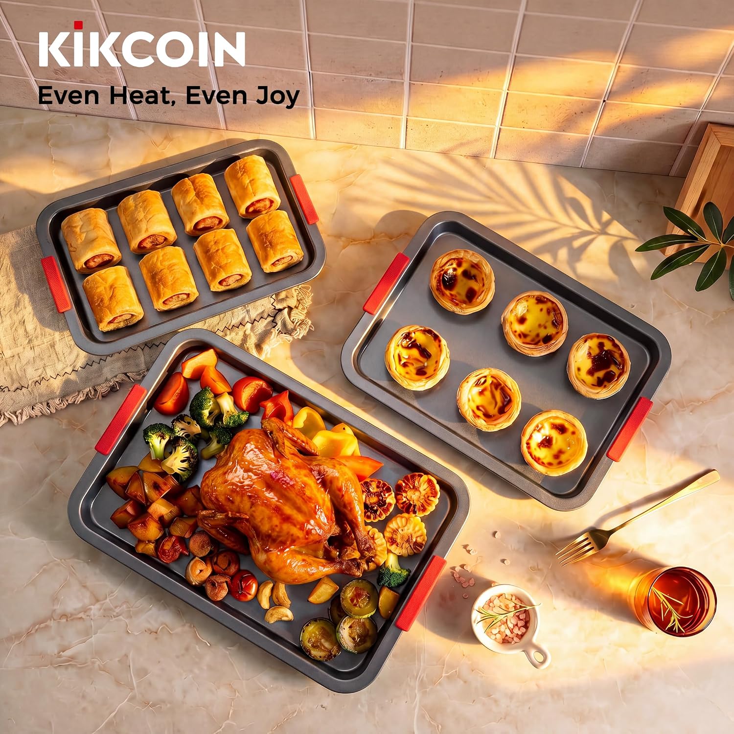 Kikcoin Nonstick Cookie Sheets for Baking Set of 3, Carbon Steel Sheet Pans with Lychee Silicone Handles, 2X Thick Ceramic Coating PFOA-Free, Small Medium Large Stackable Baking Pans for Oven, Gray