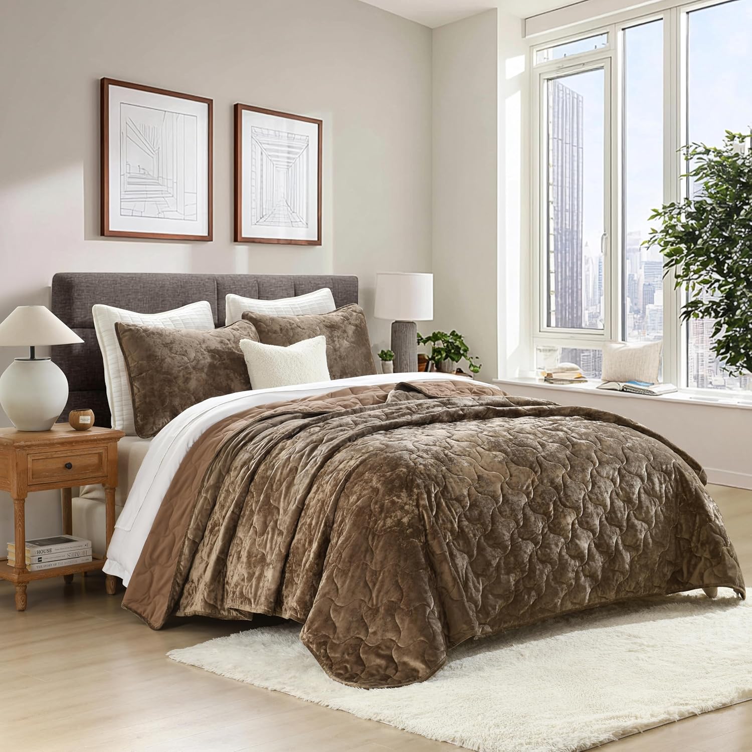 Homzard Luxury Velvet Quilt Set King Size Bedding, Mocha Brown Comforter Set, Ultra-Soft Striped Channel Stitch All Season Comforter, Thermal Bedspread Coverlet with 2 Pillow Shams - Image 2