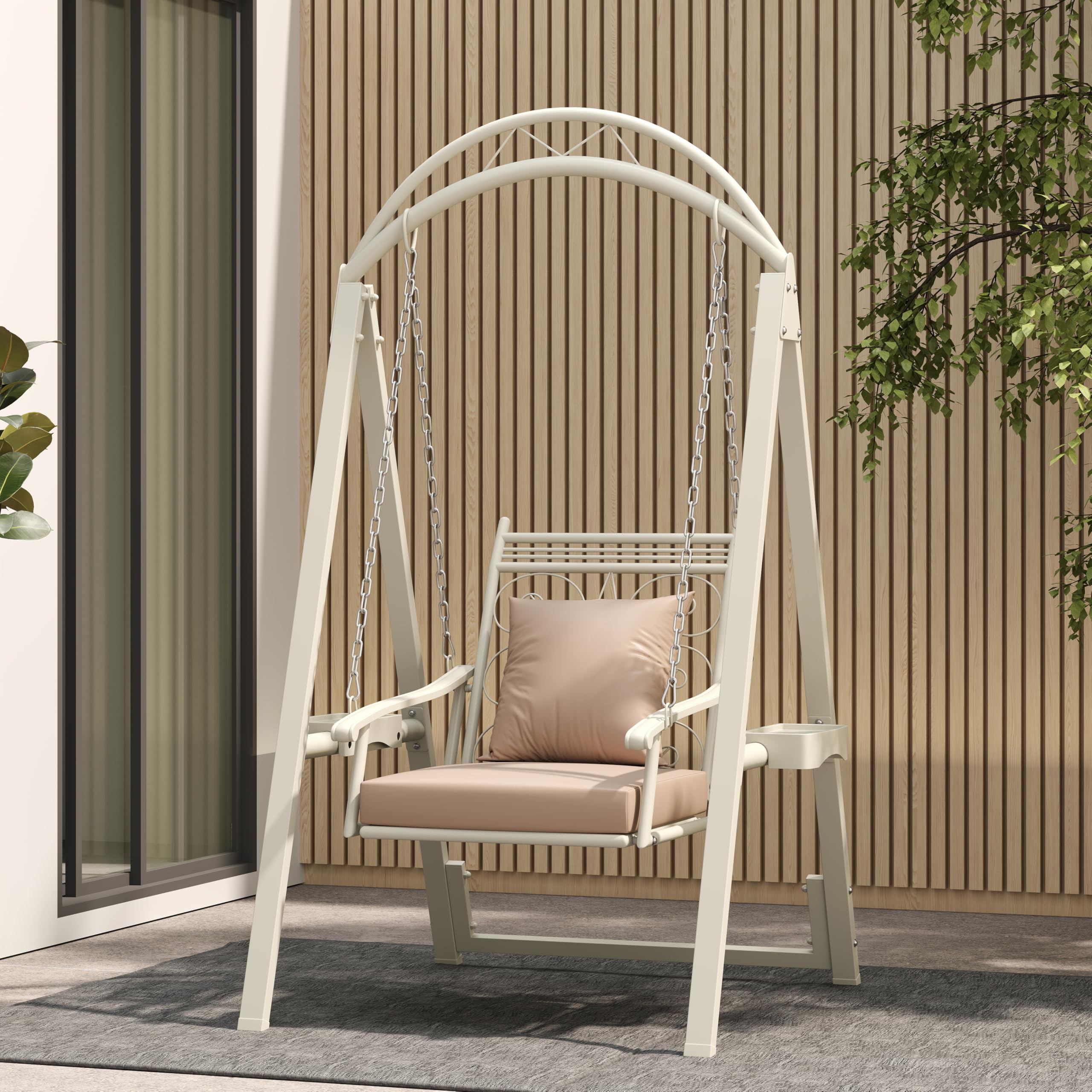 GOPLUS Columpio de Jardín para 1 Persona, Balancín Individual de Exterior con Mesitas Laterales y Techo Arquedado, Cojines Suaves, Altura Ajustable, Silla Colgante de Metal con Soporte (Blanco)