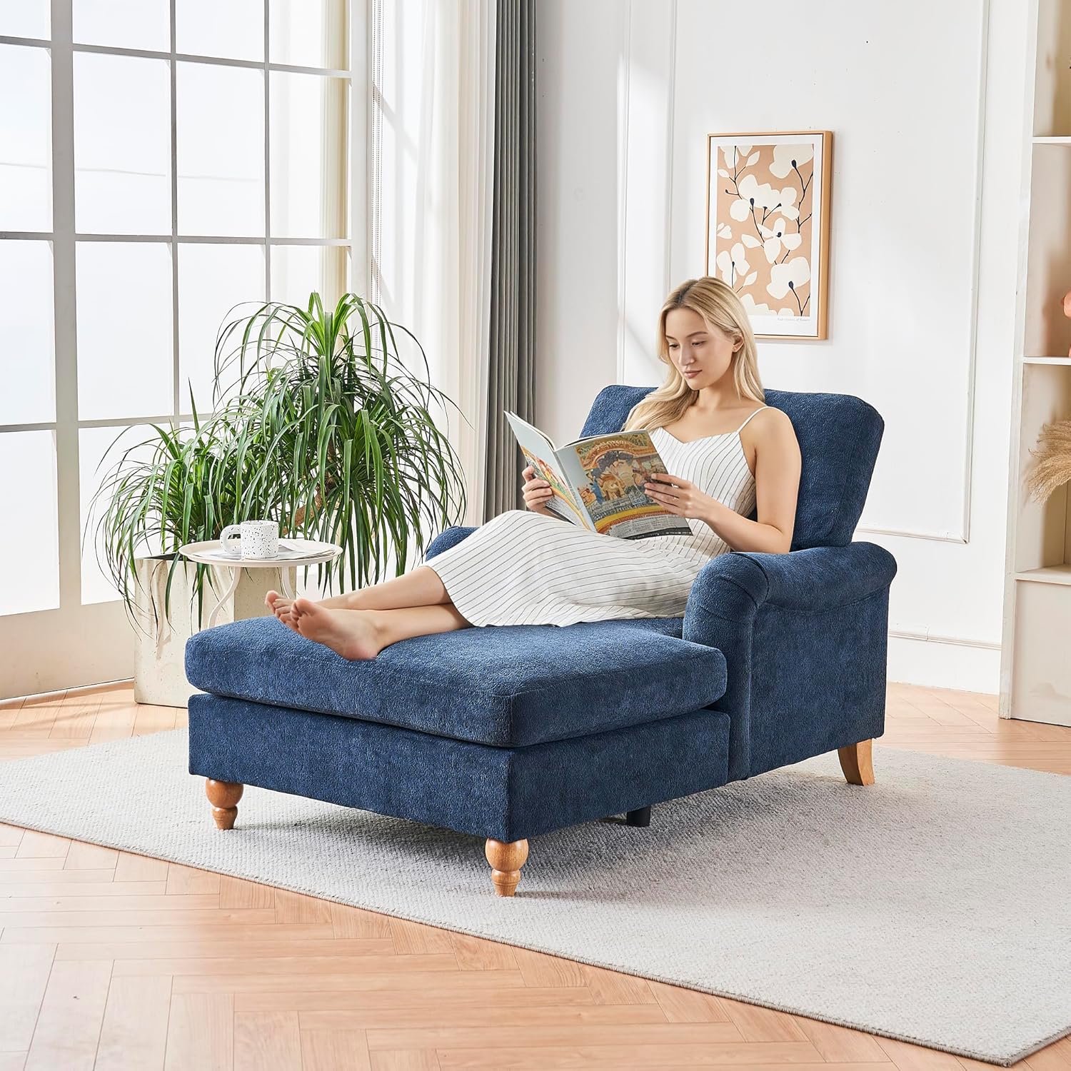 Chaise Lounge Chair Indoor, 66.5" Oversized Chaise, Chenille Reading Chairs with 3-Gear Adjustable Backrest, Lounger Chair Indoor with Pillow and Armrests for Living Room and Apartment (Beige)