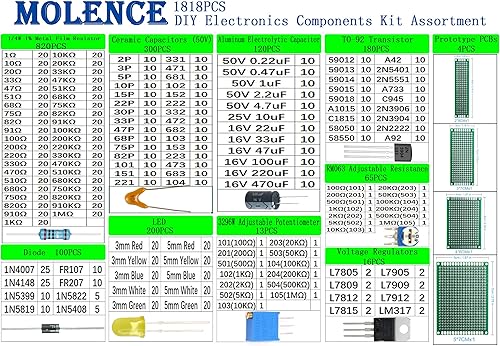 Miniatura 2 de Molence DIY Kit de componentes electrónicos Surtido resistencias 1818PCS LED triodo condensadores diodos PCB potenciómetro resistencia variable