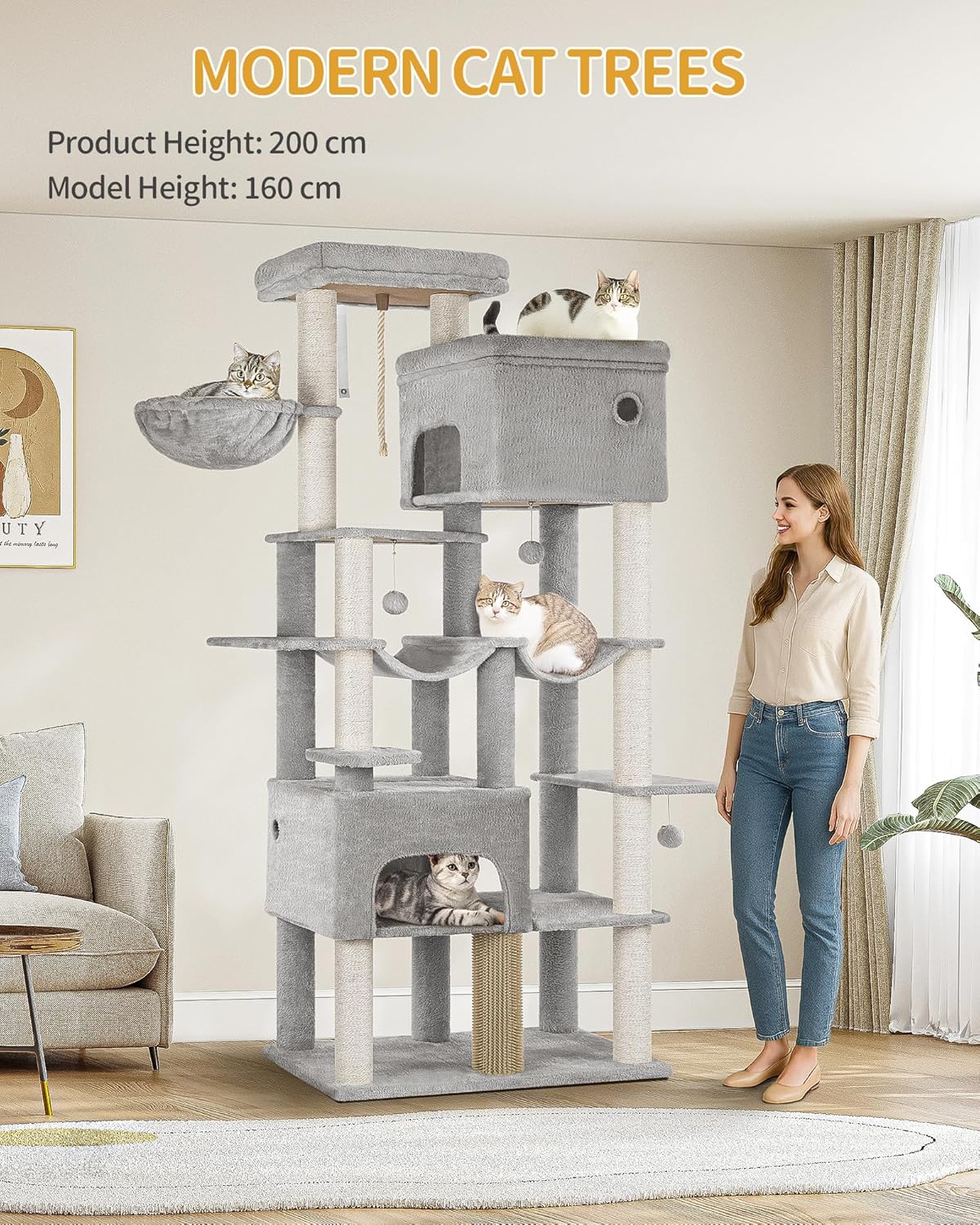 Hzuaneri Cat Tree, 200cm XXL Cat Tree with 10 Scratching Posts, 2 Caves, 2 Hammocks, Large Platform, Cat Brushes, Basket, Heavy Duty Cat Tree for Maine Coons, Large Cats, Light Grey MS20018LG