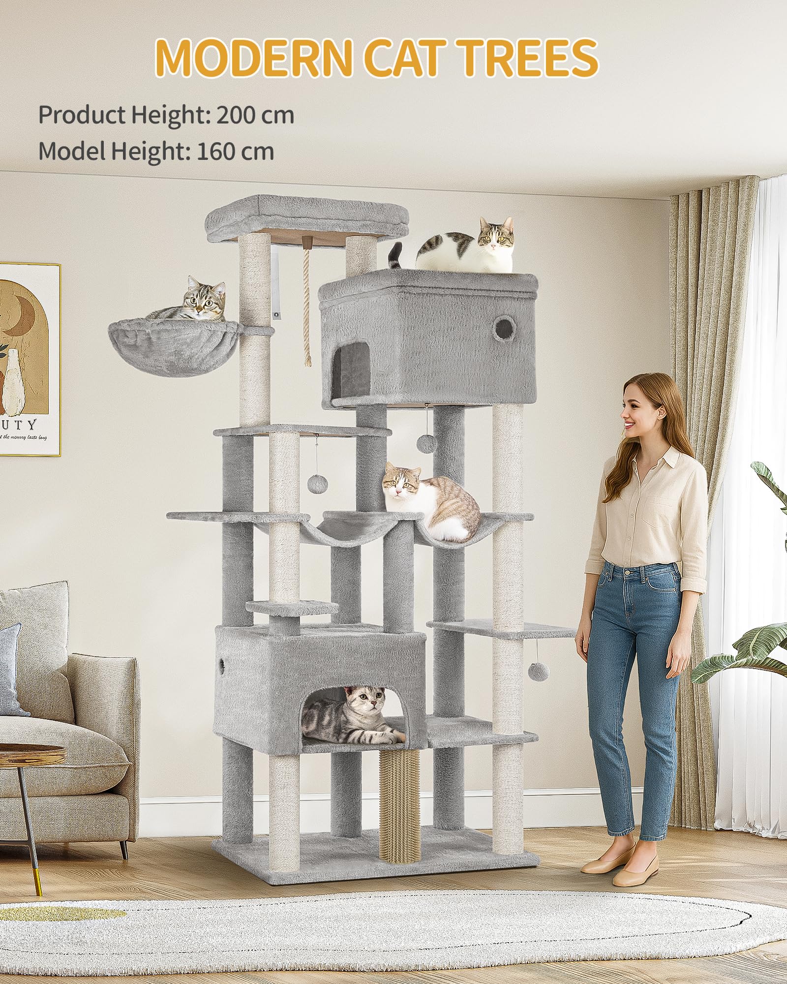 Hzuaneri Árbol de Gato 200 cm XXL, Rascador con 2 Casitas y 10 Sisal, Torre Resistente para Gatos Grandes Maine Coon, Incluye 2 Hamacas, Gris Claro MS20018LG