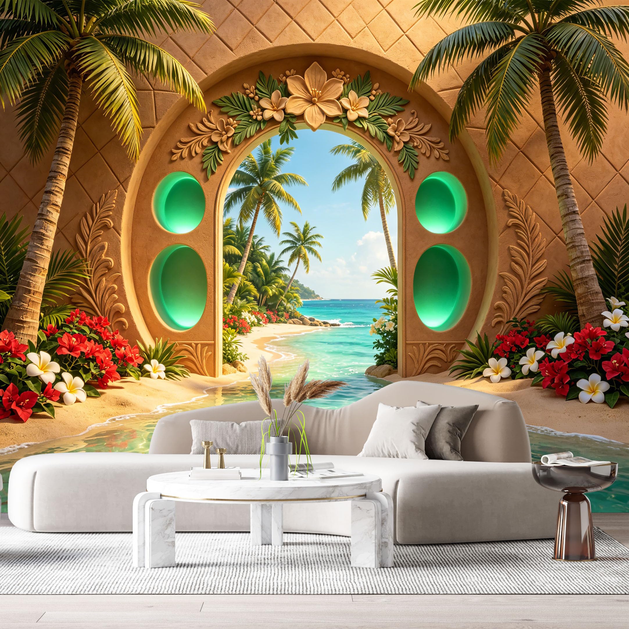 Custom Size Wall Murals Tropical Beach Archway Plumeria Coconut Palm 3D Trompe L'Oeil SelfAdhesiveWall Fabric Removable Wallpaper Wall Decor for Living Room Bedroom Bathroom