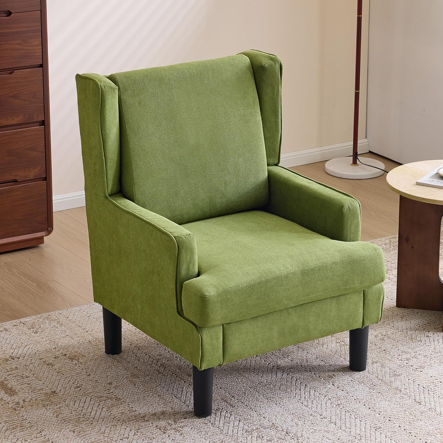 Bezseller Modern Wingback Accent Chair, High Back Upholstered Fabric Armchair with Soft Cushion, Comfy Reading Chair for Living Room, Bedroom, Home Office, Green
