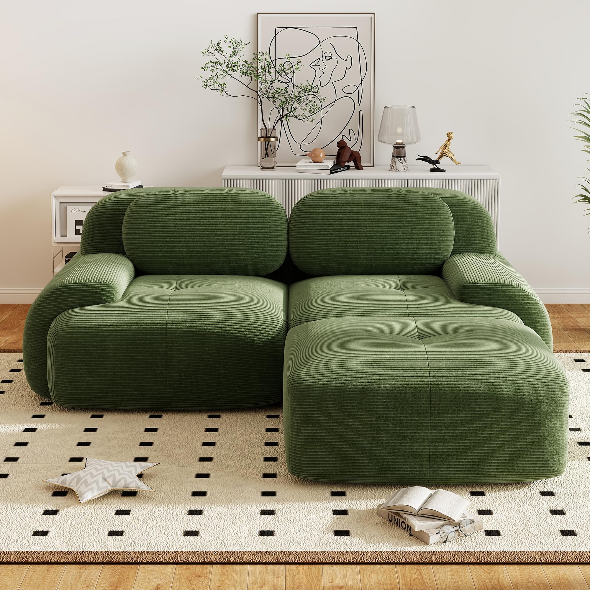 Canapé d'angle convertible moderne de 208 cm avec pouf, canapé modulaire en velours côtelé en forme de L, canapé compressé 2 à 4 places pour salon, assise extra profonde, aucun assemblage requis