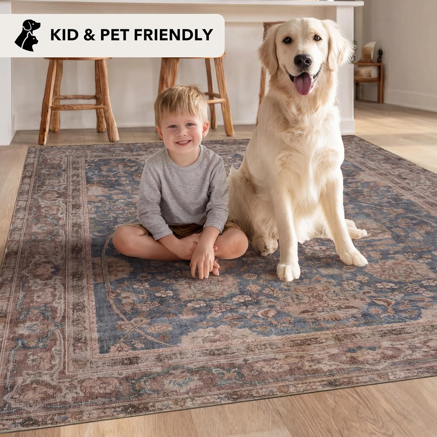 Kuden 6x9 Area Rug, Machine Washable Area Rug with Non-Slip Backing, Vintage Style, Soft, Easy Clean, Low Pile Rug for Living Room, Bedroom, Dining Room
