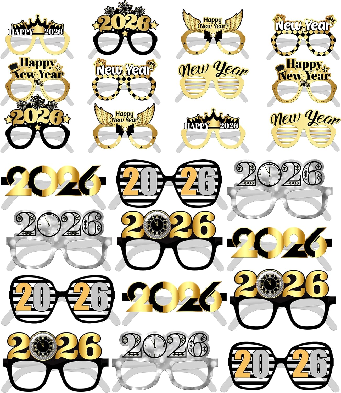 KatchOn, Pack of 88, New Years Eve Party Supplies 2026 | Black and Gold Happy New Year Banner with 2026 New Years Glasses | New Year Photo Booth Props | NYE 2026 Decorations| NYE 2026 Decorations