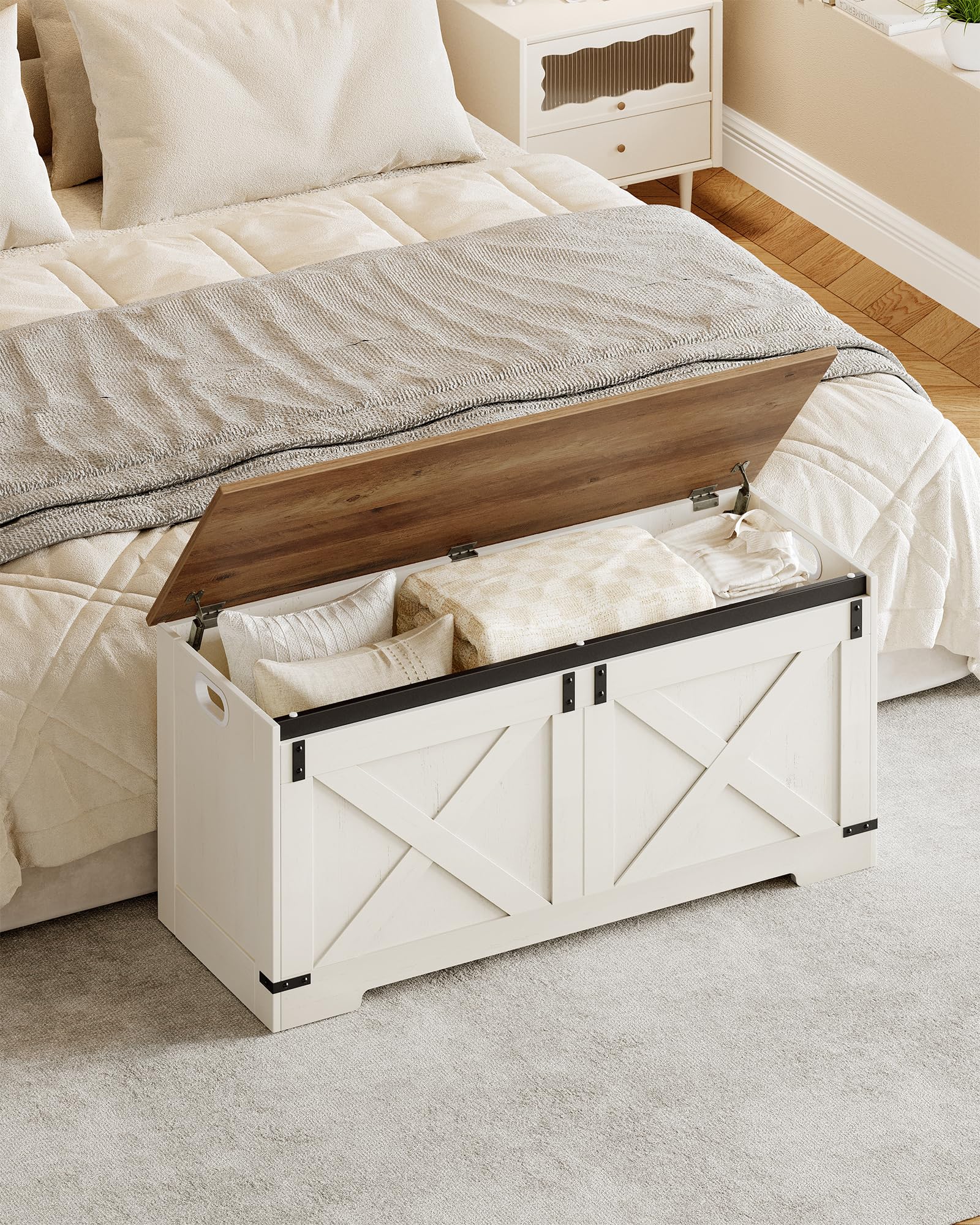 Hzuaneri 109 cm Banco de Almacenamiento, Caja de Madera con Bisagras de Seguridad, Armario de Depósito 40 x 109 x 48,5 cm, para Entrada Dormitorio Salón, Blanco Marrón SB10914X