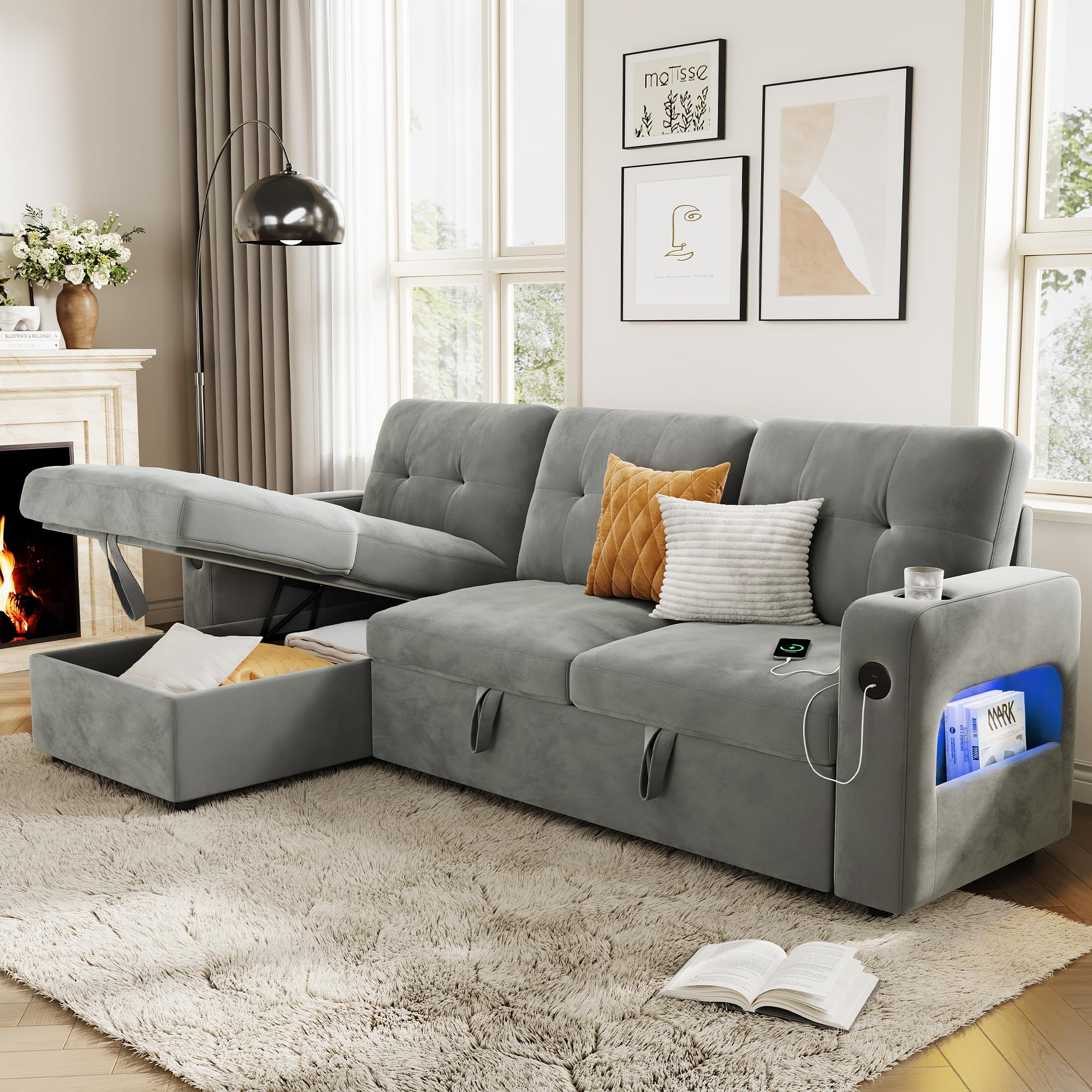 Condition photo showing Good Condition for garveehome 84 inch sleeper sofa couch, l-shaped sofa, convertible pull out sofa bed with storage, charging station, led lights, modern sectional sofa for living room, apartment, velvet, light grey