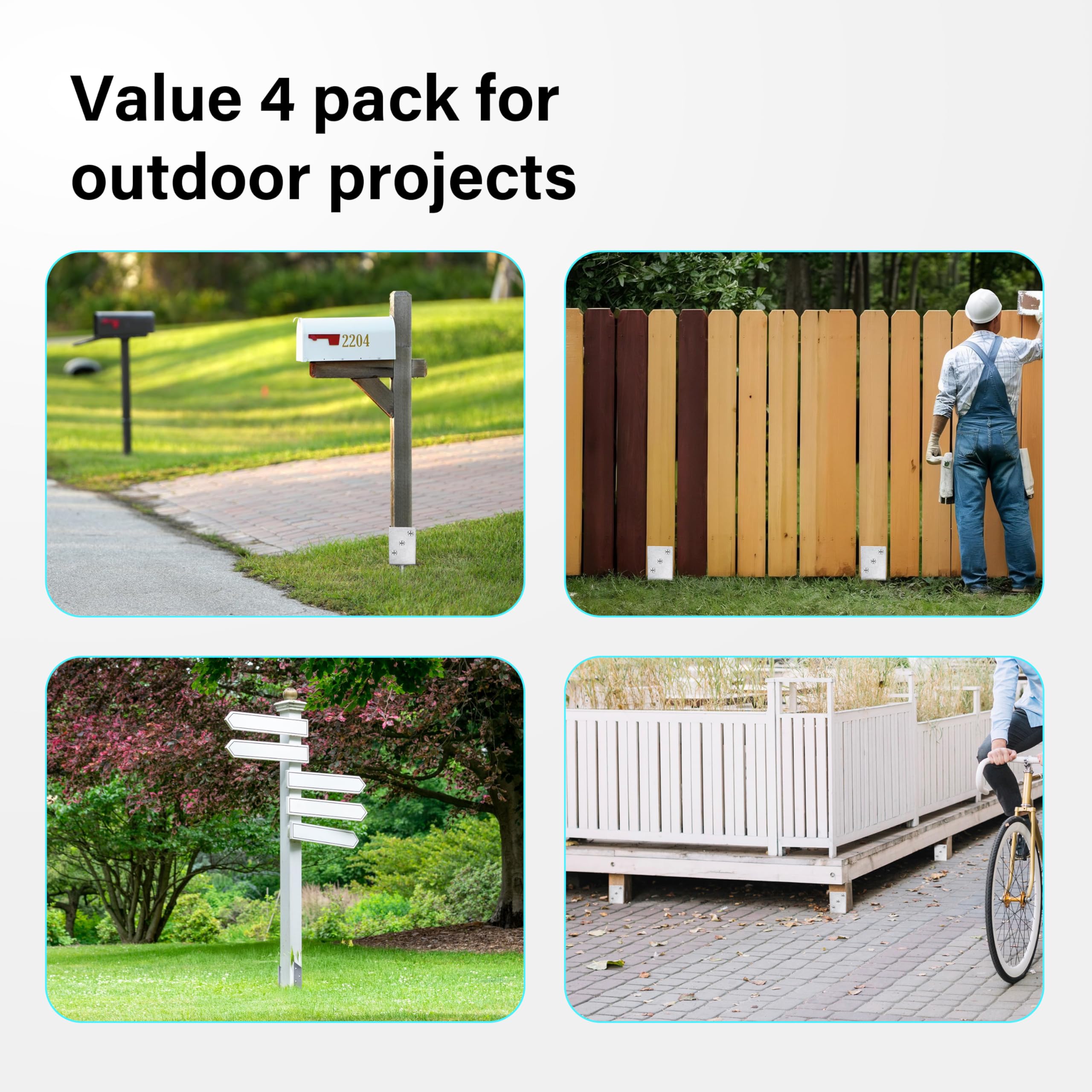 4 x Fence Posts Support, U-Type Pergola Bracket Extenders with Foot-Shaped Concrete Anchors. Heavy-Duty Galvanized Steel Spikes, 4mm Thick. 100 x 100 x 60mm (4" x 4" x 2.3") — view 4