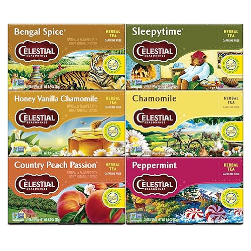 Celestial Seasonings Paquete variado de té de hierbas, especias de Bengala, Sleepytime, manzanilla de miel y vainilla, pasión de melocotón campo,