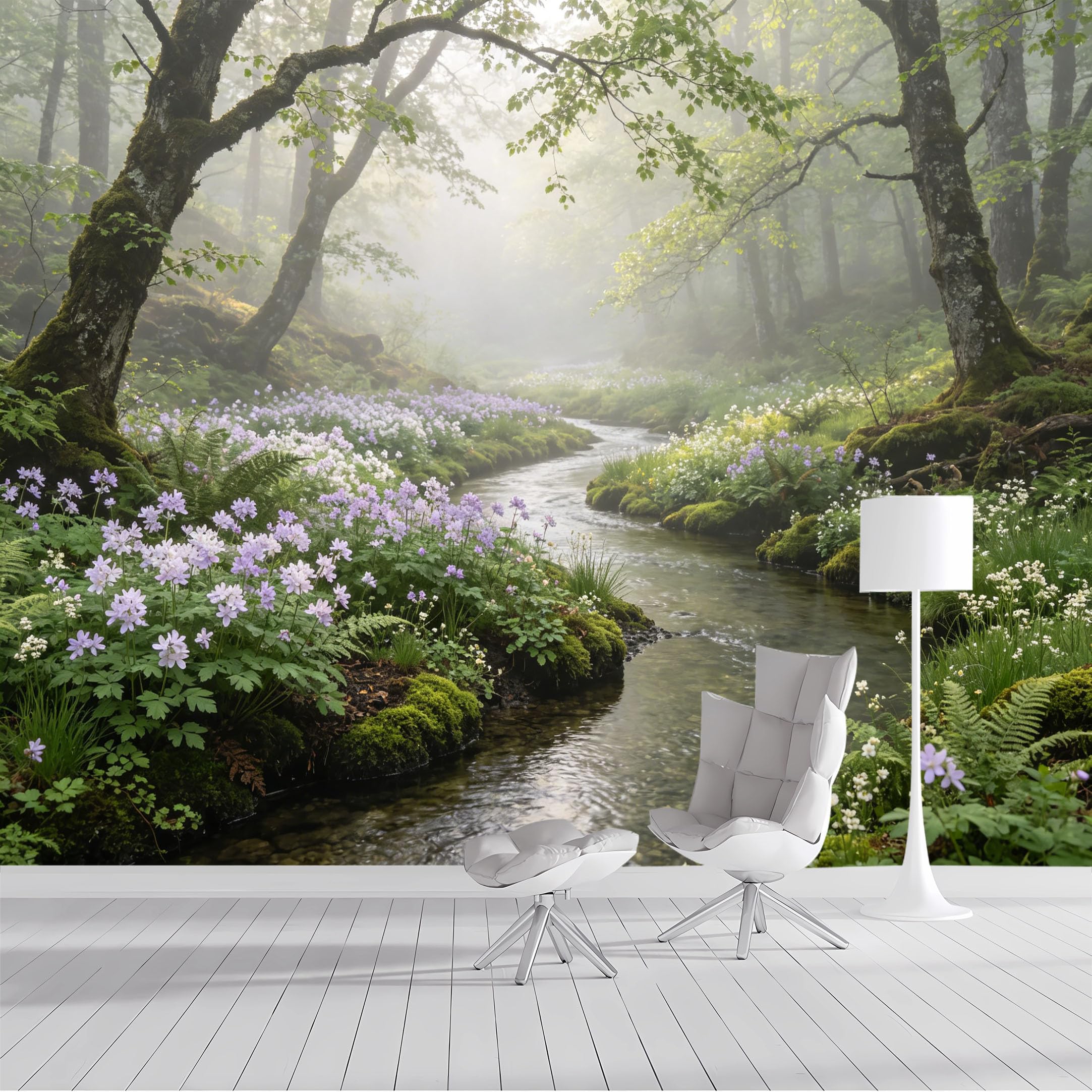 Custom Size Wall Mural Misty Forest Stream Wildflowers Botanical Landscape Watercolor SelfAdhesive Wall Fabric Removable Peel and Stick Wallpaper Wall Decor for Living Room Bedroom Bathroom
