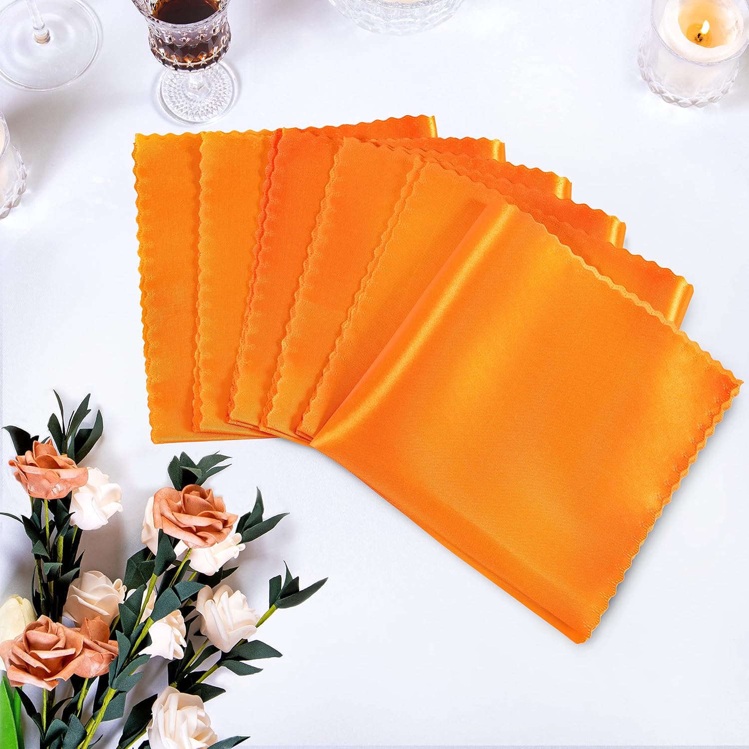 Manyshofu 6 Pieces Burnt Orange Satin Scalloped Napkins - 18x18 Inches Cloth Satin Napkins, Square Satin Fabric Napkin Set - Soft & Smooth Table Napkins for Wedding Dinner Party