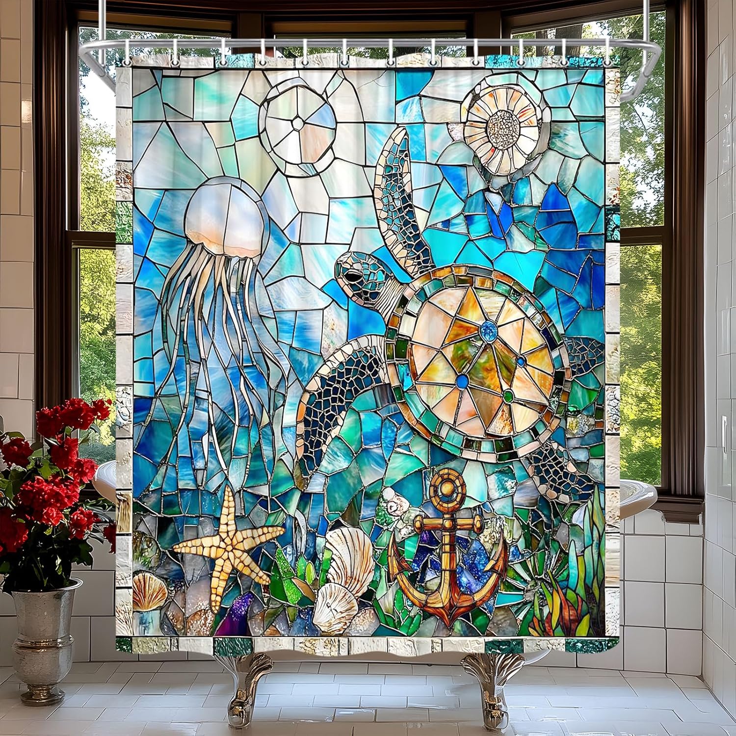 Nautical Sea Turtle Shower Curtain Teal Blue Stained Glass Ocean Coastal Starfish Shell Jellyfish Anchor Vintage Abstract Marine Life Bath Curtain Fabric Bathroom Accessories Decor with Hooks 70W x90L