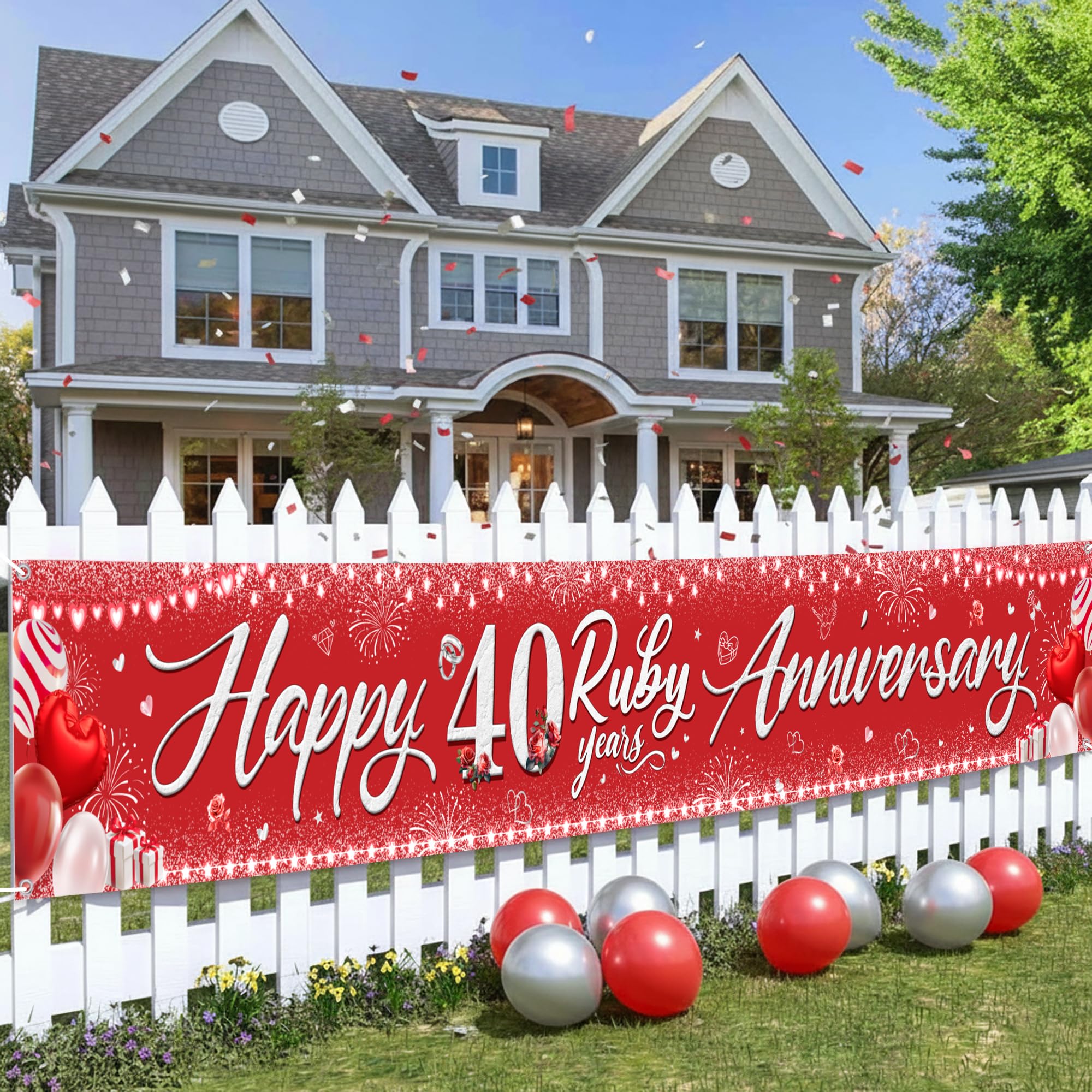 40th Wedding Anniversary Decorations Banner - Happy Ruby 40th Anniversary Yard Banners, Glitter Backdrop Party Supplies for Couples(37x274cm) — image 1