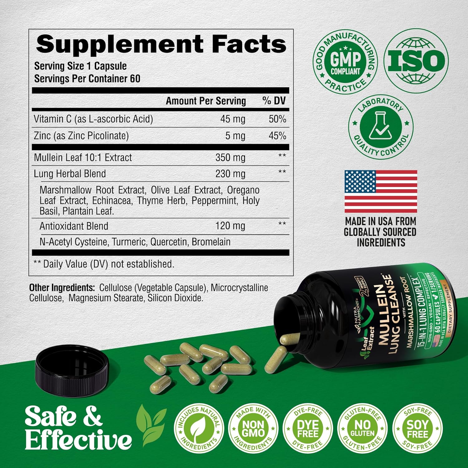 Mullein Lung Detox - Mullein Leaf 10:1 Extract - Marshmallow Root | Echinacea | Oregano | Quercetin | NAC - 15-in-1 Lung Support & Cleanse for Smokers Supplement - Made in USA - As Drops - 60 Capsules