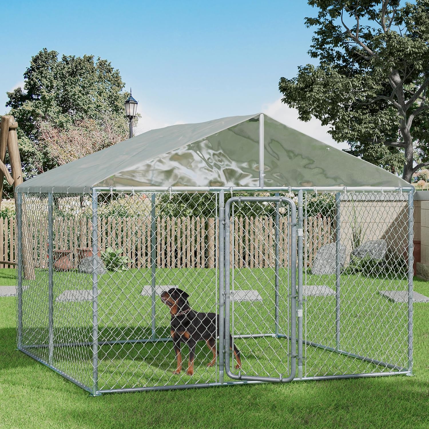 7.5FT Large Outdoor Dog Kennel with Roof, Heavy Duty Galvanized Steel Dog Enclosure, Chicken Coop w/Waterproof UV-Resistant Cover, Lockable Door Chain Link for Small Large Pets, Backyard