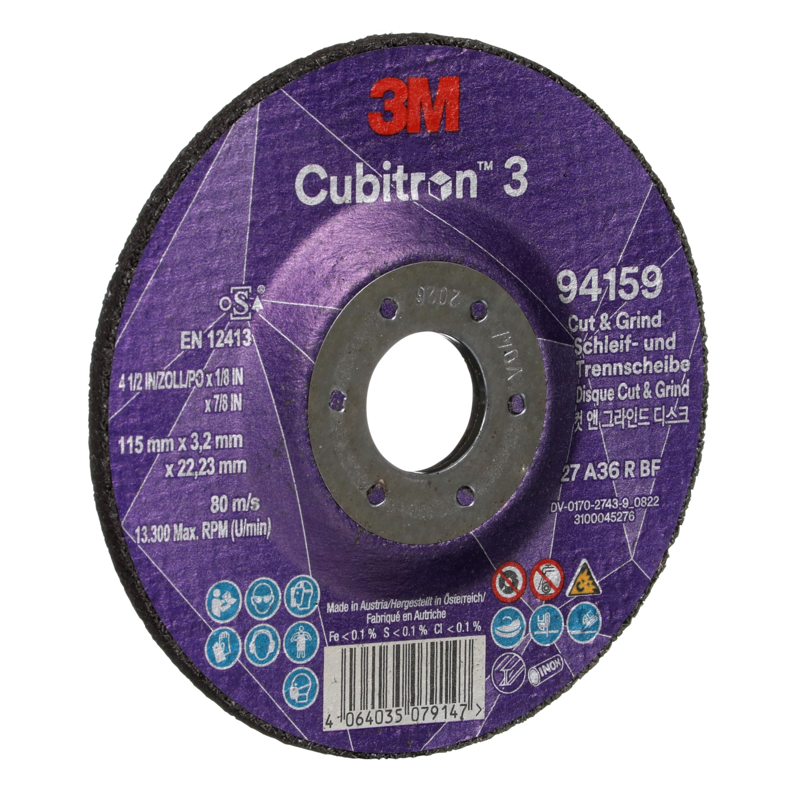 Disco Ibrido da Taglio e Sbavo 3M Cubitron 3, 94159, 36+, T27, 115 mm X 3.2 mm X 22.23 Mm, En, 10/Pack