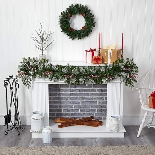 Miniatura 5 de Nearly Natural Guirnalda de Navidad artificial con punta de nieve de 6 pies con 50 luces LED blancas cálidas y bayas