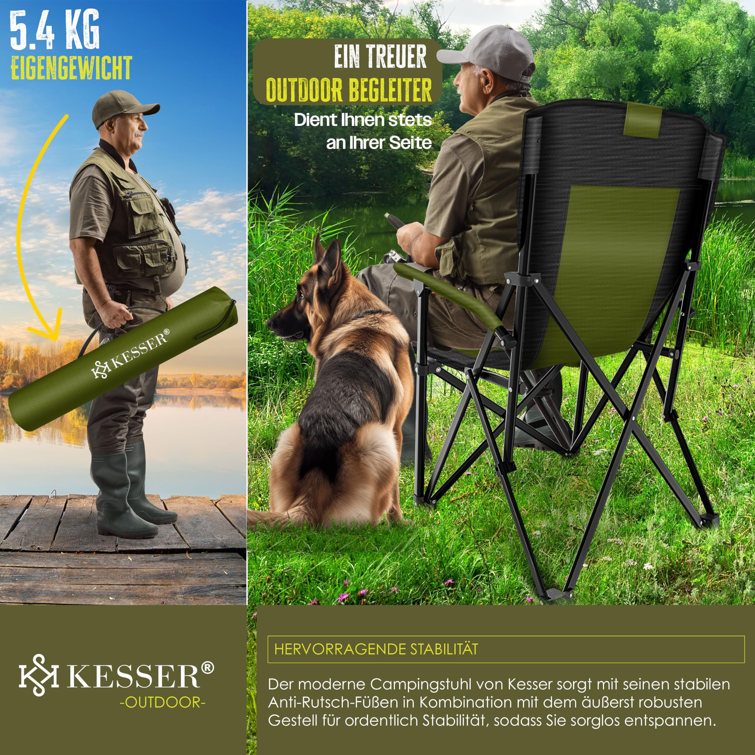 KESSER® Sedia da Campeggio Pieghevole Fino a 160 kg, Imbottita con Braccioli, Luce da Campeggio, Portabicchieri, Borsa con Schienale Alto, con Porta Canne da Pesca, Khaki/Nero