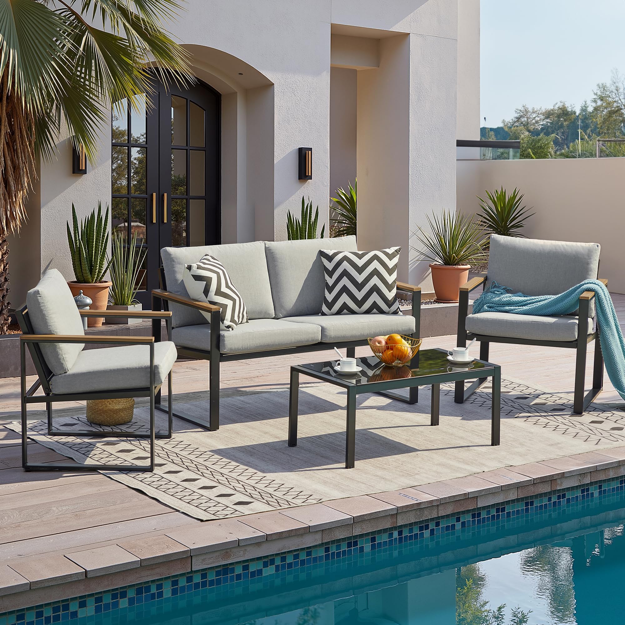 NATURAL EXPRESSIONS 4 Pieces Patio Furniture Sets,Outdoor Metal Sectional Furniture Modern Patio Conversation Set,Fauxwood Anti-Scald Armrest,Sling Mesh,Tempered-Glass Table,4" Olefin Cushions