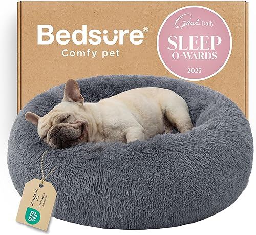 Bedsure - Cama calmante para perros medianos, lavable, mediana, con forma de dona, antideslizante, afelpada, esponjosa, pelo sintético, para gato,