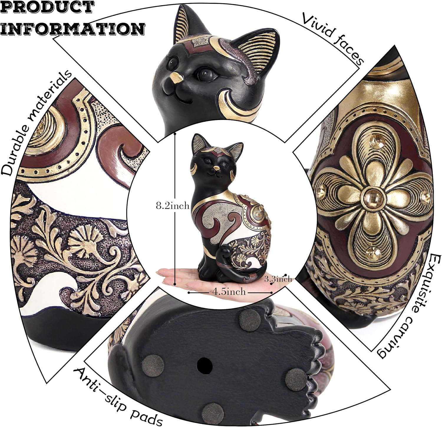 Black Cat Statue Home Decor Accent Boho Cat Figurines and Sculptures for Living Room Bedroom Shelf Office Table, Cats Art Decoration Vintage Matt Animals Gift for Cats Lovers, Woman Mom
