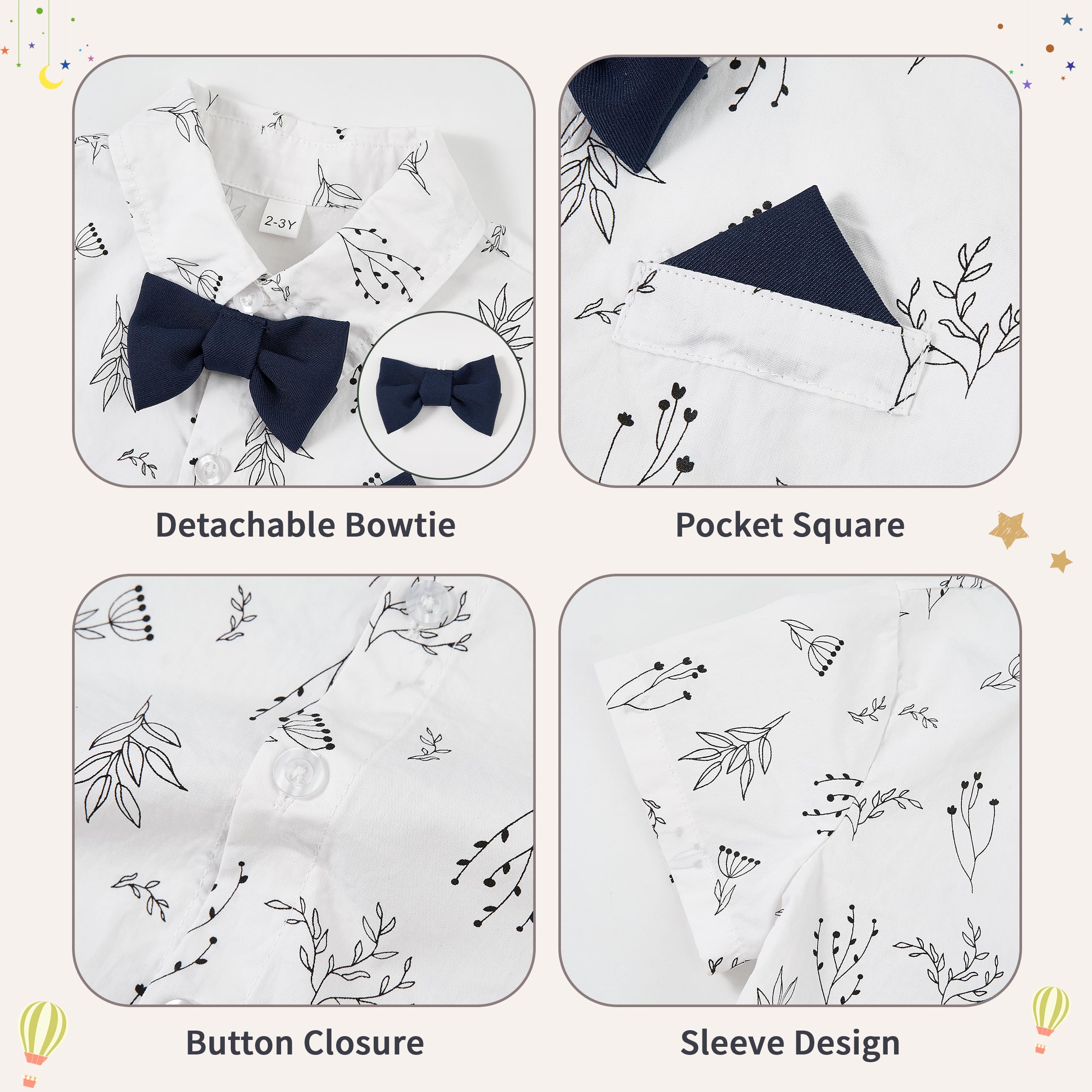 Volunboy Traje Formal para Bebé Niño, Pelele Manga Corta con Pantalón Tirantes, Boina y Pajarita, Conjunto Elegante Boda