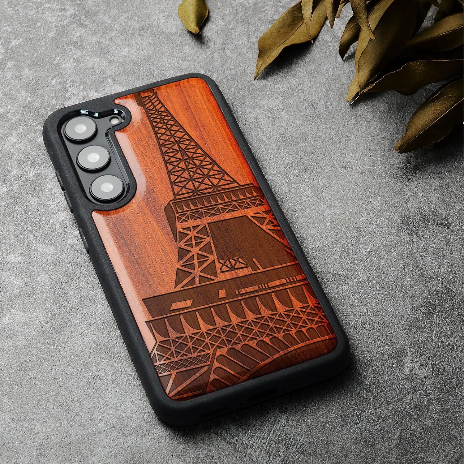 Carveit Wood Case for Galaxy S23 Case [Natural Wood & Black Soft TPU] Shockproof Protective Cover Unique Wooden Design Compatible with Samsung S23 (Eiffel Tower-Rosy)
