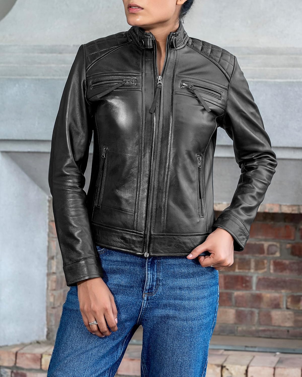 Jild Quilted Design Leather Jacket Women - Cafe Racer Style Real Lambskin Womens Leather Jacket - Image 2