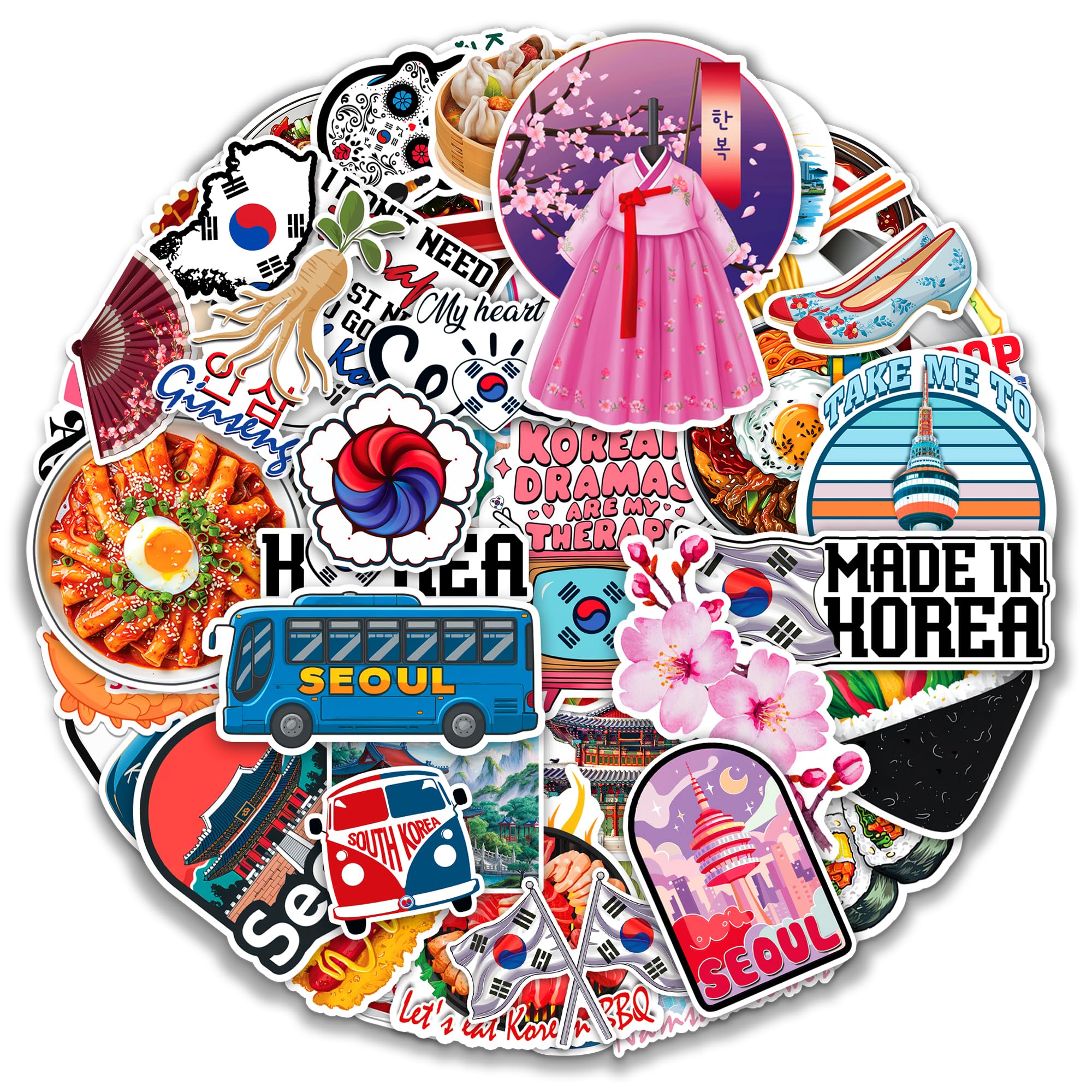 Korea Travel Stickers 50 Pieces Vinyl Waterproof Decal for Laptop Water Bottle Phone Car Window Bike Motorcycle Stakeboard Scrapbook Korean Sticker Gifts
