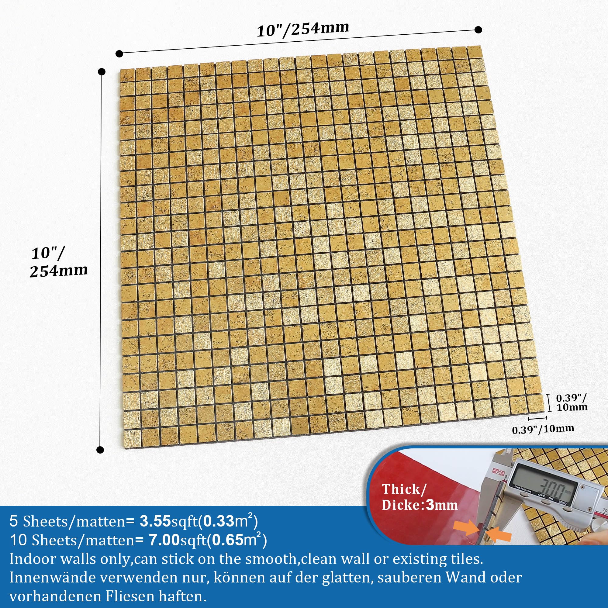 Mini Metallfliesen Selbstklebend Wandfliesen,Mosaik Fliesenaufkleber Selbstklebende Fliesen Quadratisch Küche Bad（Goldfolie,10 Stücke)