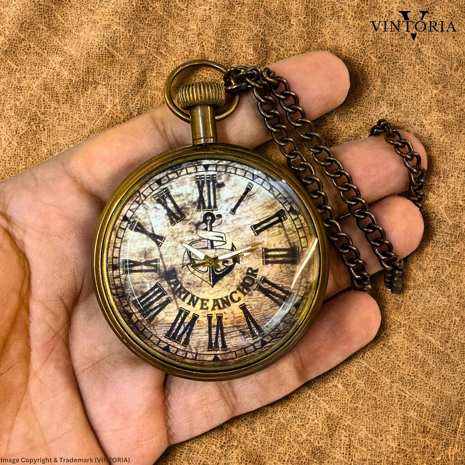 Brass Victorian Pocket Watch with Genuine Leather Case – Custom Engraved Vintage Style Clock– Personalized Gift for Men, Women, Collectors (Marine Anchor, Antique, Brass)