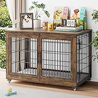 Vista 10 de Mueble de jaula para perros con cojín, perrera de madera para interiores con puertas dobles, jaula para perros con ruedas, mesa auxiliar lateral