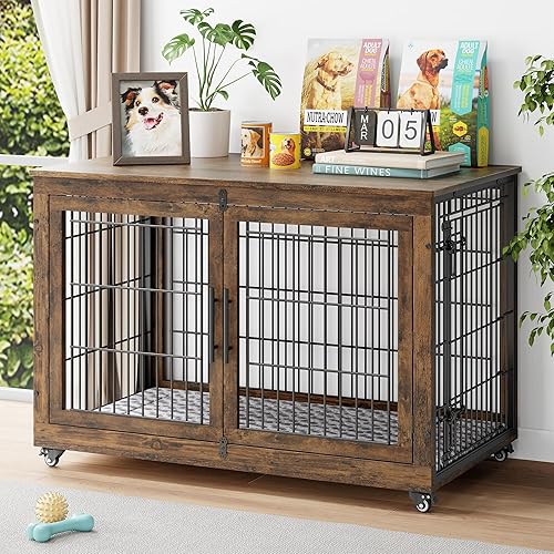 Mueble de jaula para perros con cojín, perrera de madera para interiores con puertas dobles, jaula para perros con ruedas, mesa auxiliar de casa
