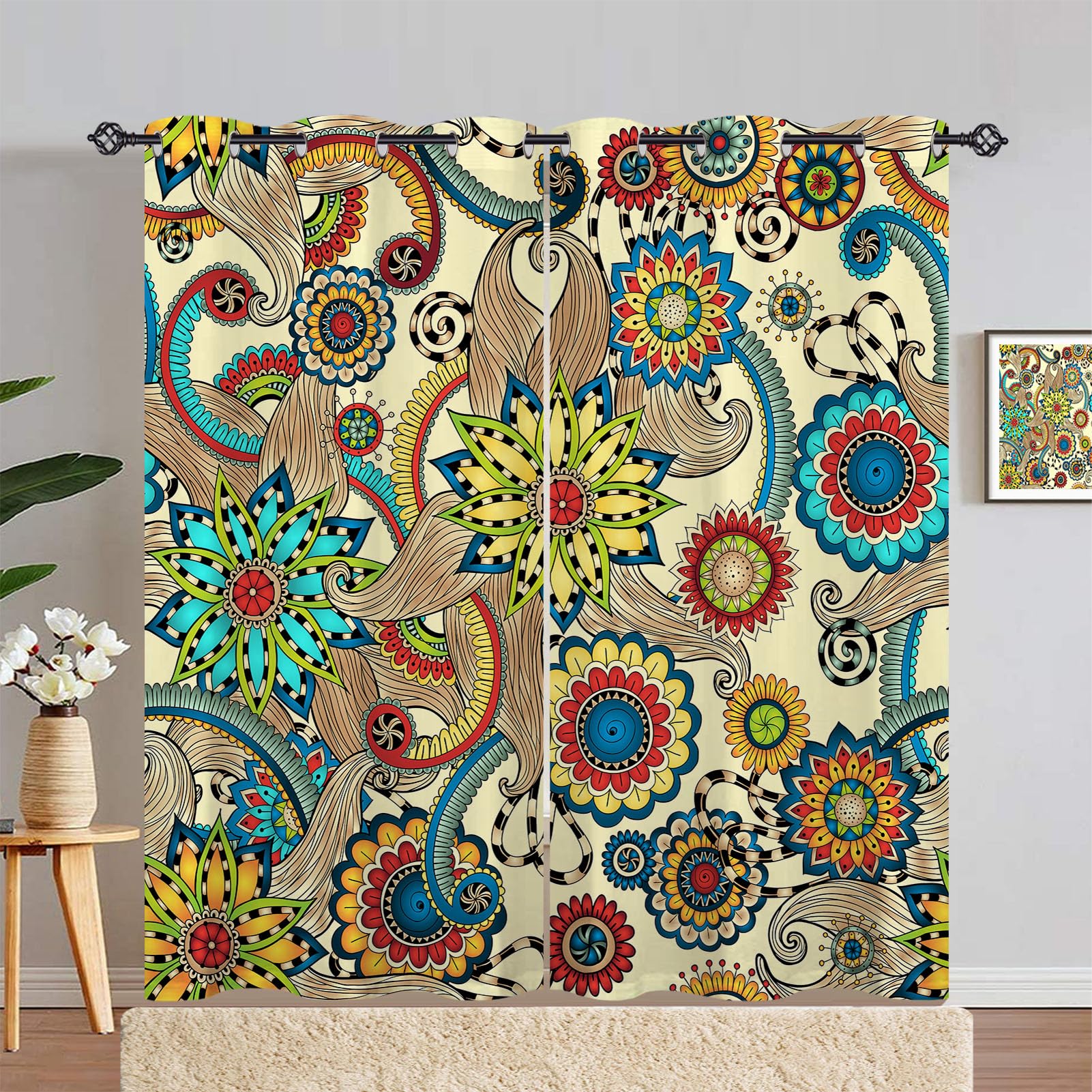 ANHOPE Bohemia Flower Curtains Eyelet Thermal Insulated Blackout Curtains Boho Ethnic Floral Print Pattern Ring Top Drapes for Kids Girls Bedroom Living Room 66 x 72 Inch Drop 2 Panels — image 1