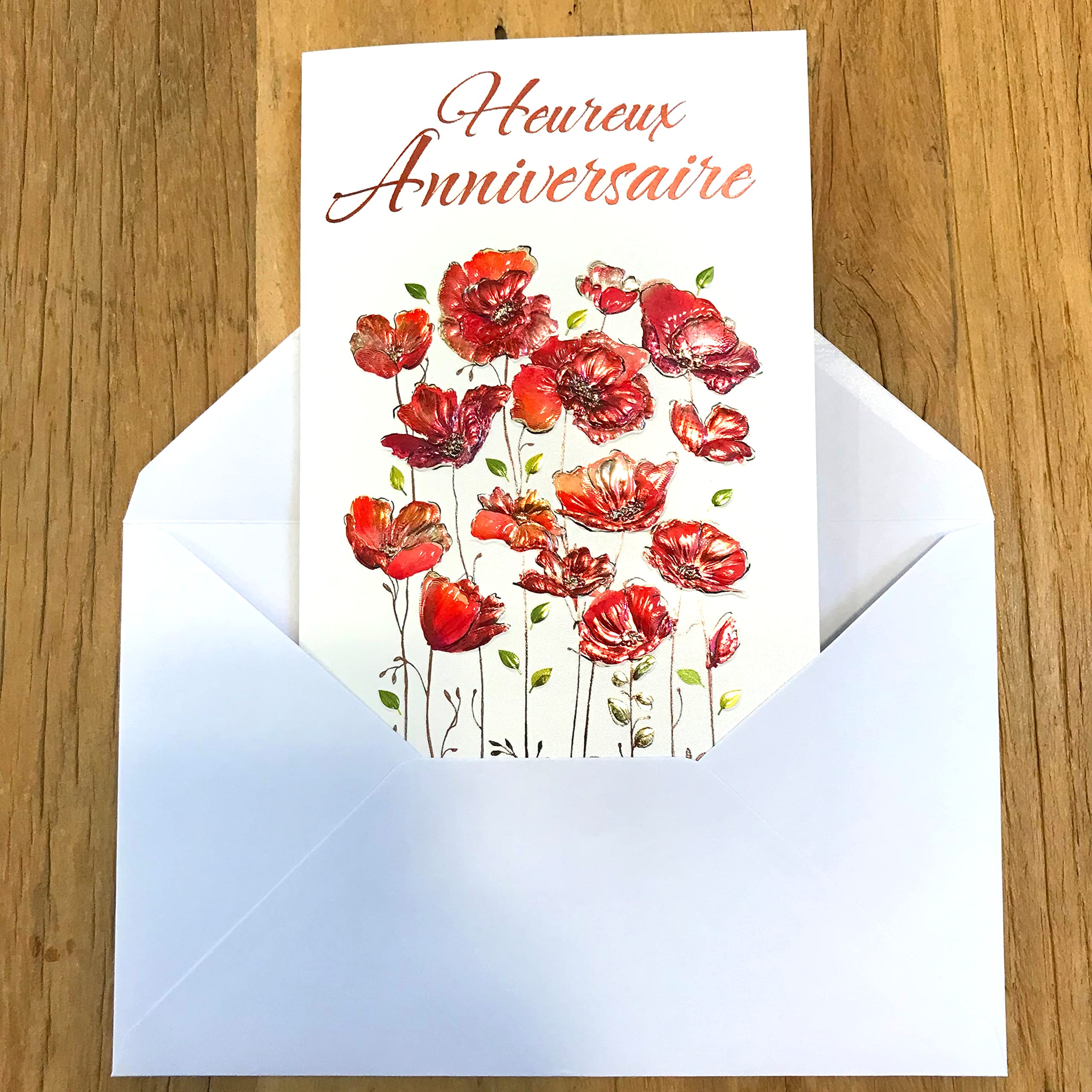 Afie 15-6457 Argus Embossed Illustrated Card With White Envelope 12 X 19.5 Cm Happy Birthday Copper Poppy Flowers Red Orange Pink Metallic Embossing Paper Glossy Country Female - View #11