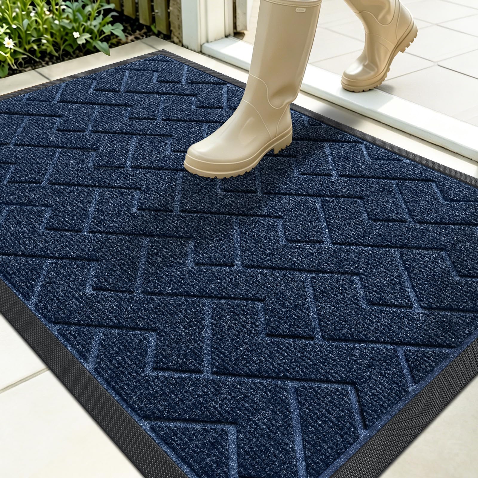 OLANLY Front Door Mat Outside 35x23, All-Season Absorbent Rubber Doormat | Blue, Heavy-Duty, Stain and Fade Resistant, Waterproof Non-Slip Backing, Low-Profile Indoor Outdoor Floor Mat for Entryway