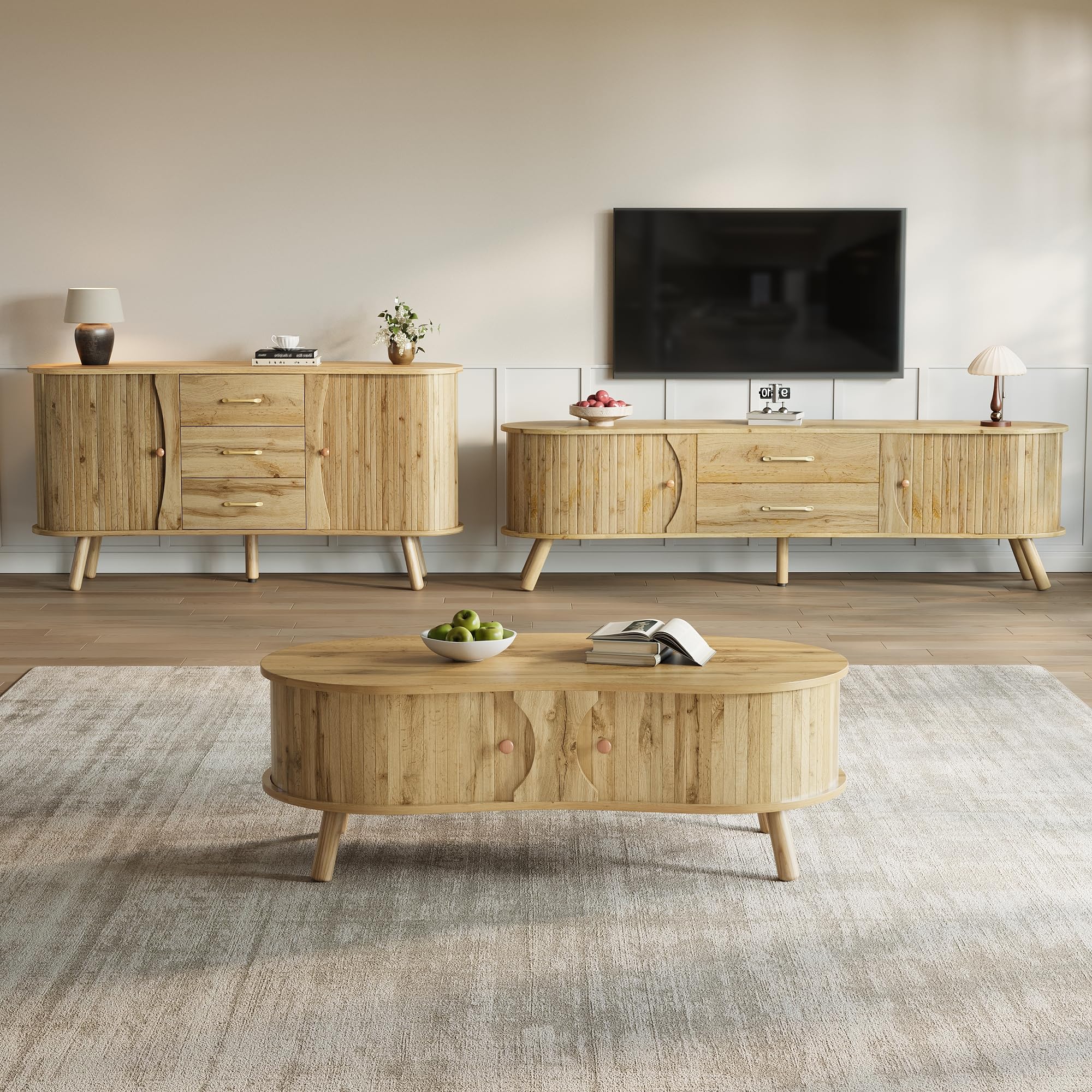 Ensemble de salon 3 pièces de style japonais avec meuble TV bas buffet et table basse en forme de pois organique avec portes coulissantes aspect bois avec pieds en bois massif chêne naturel